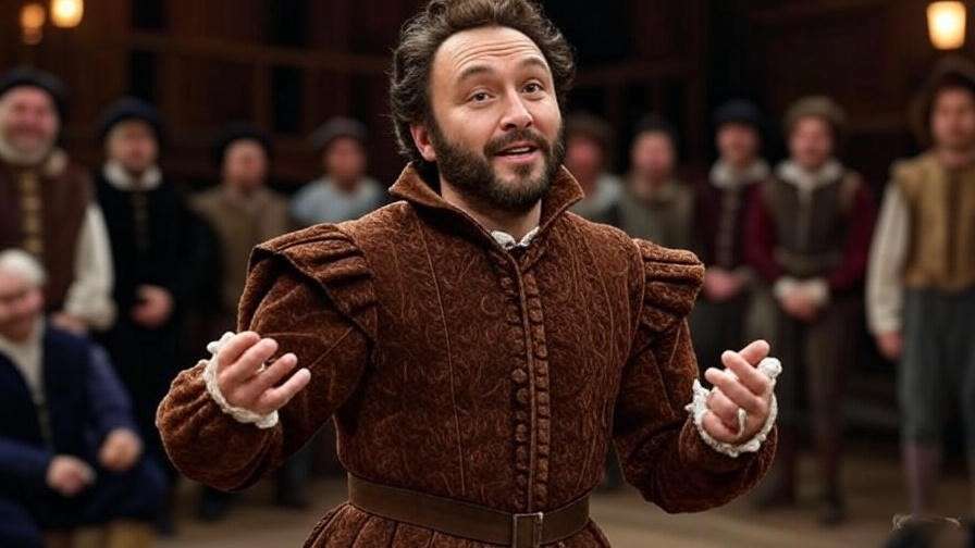 Petruchio delivering a witty monologue on an Elizabethan stage with audience