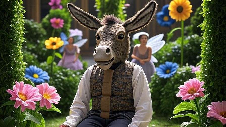 Actor in donkey head costume with fairy props, adding humor in A Midsummer Night’s Dream