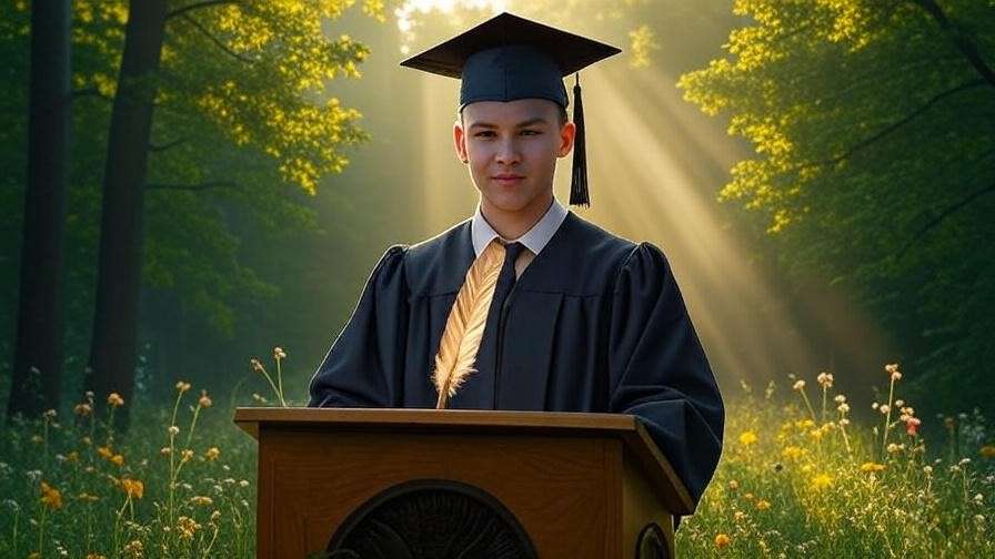 Graduate in cap and gown at podium, dreamy forest backdrop, Shakespeare-inspired farewell speech.