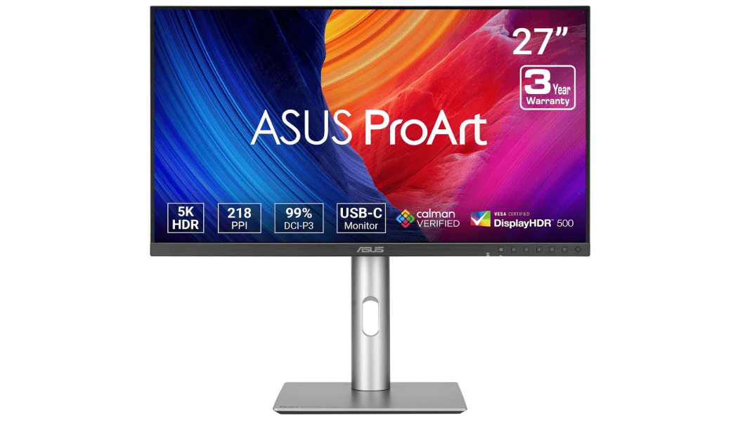 
ASUS ProArt Display 27” 5K HDR Professional Monitor (PA27JCV) - 5K (5120 x 2880), IPS, 99% DCI-P3, 100% sRGB, ΔE < 2, USB-C PD 96W, Calman Verified