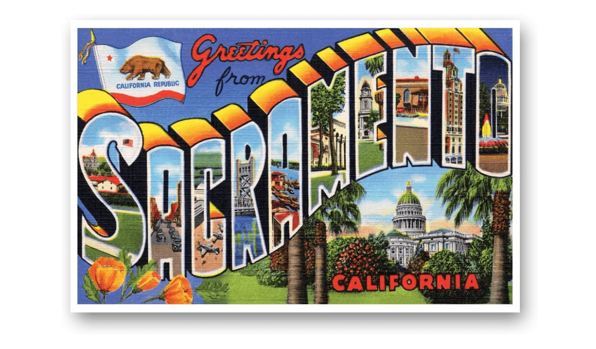 
GREETINGS FROM SACRAMENTO, CA vintage reprint postcard set of 20 identical postcards. Large Letter Sacramento, California city name post card pack