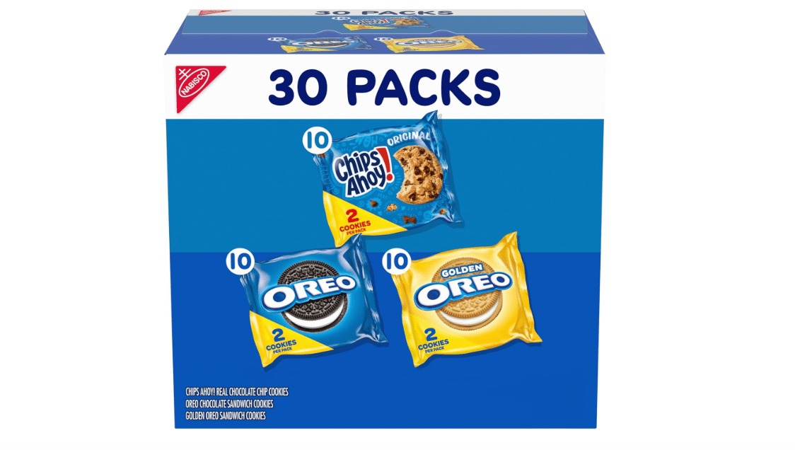 
Nabisco Sweet Treats Cookie Variety Pack OREO, OREO Golden & CHIPS AHOY!, School Snacks, 30 Snack Packs (2 Cookies Per Pack)