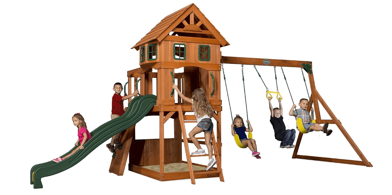 
Backyard Discovery Atlantis Cedar Wood Swing Set with Wave Slide, Raised Clubhouse, Rock Wall, Belt Swings, Trapeze, Balcony, Lower Play Space, Snack Bar