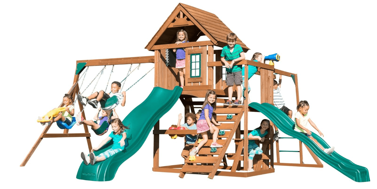 
Swing-N-Slide WS 8354 Knightsbridge Super Wooden Swing Set with Two Slides, Play Set, Monkey Bars, Climbing Wall, Music Play & Climbing Wall, Wood, Green