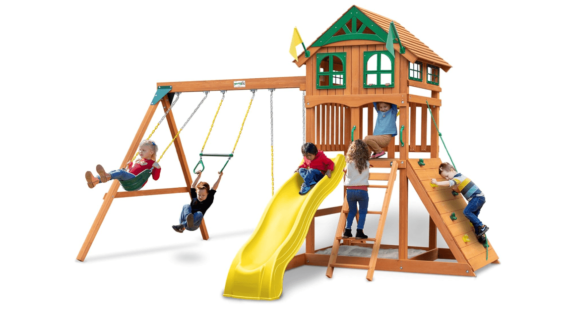 
Gorilla Playsets 01-1063-Y Outing Wood Swing Set with Wood Roof & Yellow Slide, Amber