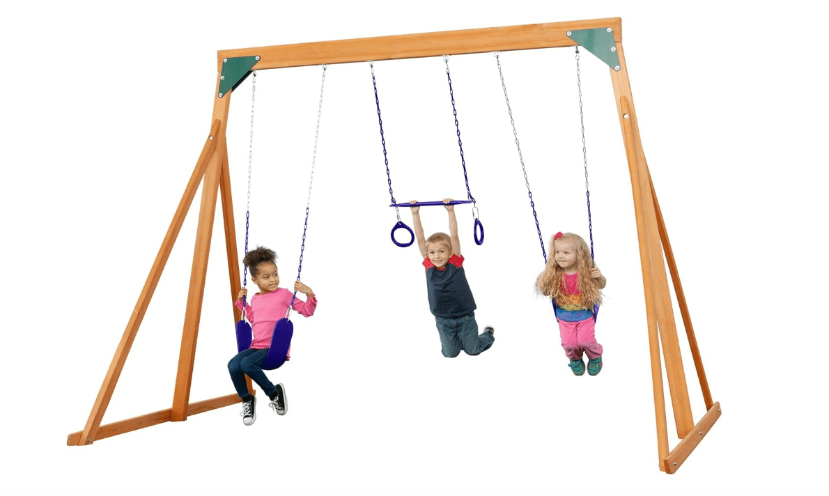 
Trailside Cedar Wooden Backyard Swing Set | H: 87" L: 89" W: 120" | Purple Accessories | Incl. 2 Swings & 1 Trapeze | Kids Age 3-12 | DIY