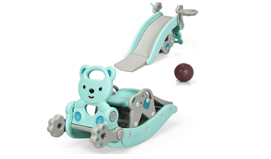 
Costzon 5 in 1 Toddler Slide Rocking Toy, Slide for Kids with Detachable Stool, Basketball Hoop and Ring Game, Foldable Climber Playground Slide for Both