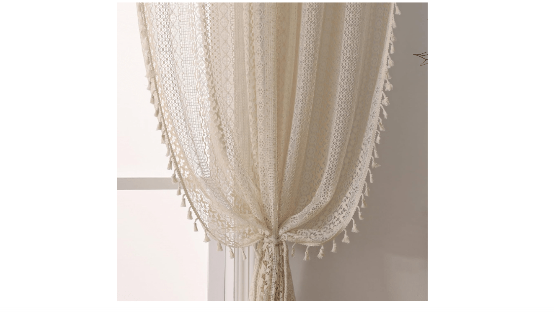 
WAZZIO Boho Curtains for Living Room Lace Curtains 84 Inches Long 2 Panel, Rod Pocket Vintage Tassel Bohemian Decor Geometry Striped Light Filtering Crochet...