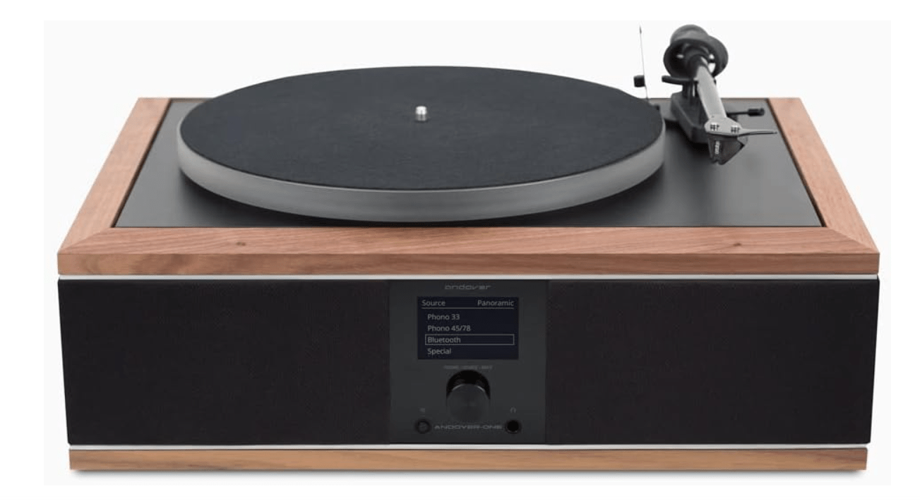Andover-One Turntable Music System - All-in-One Record Player Stereo Surround, Bluetooth Streaming, Walnut Finish