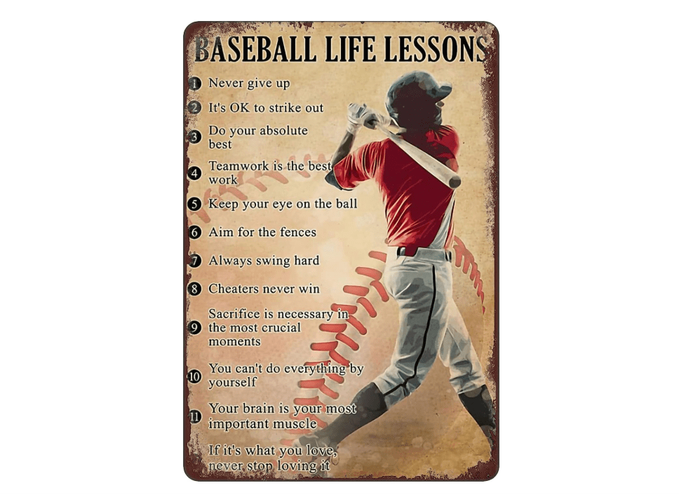 JUmzxa Yuantao Baseball Life Lessons Never Give Up Funny Tin Sign Bar Pub Diner Cafe Wall Decor Home Decor Art Poster Retro Vintage 8"x12"