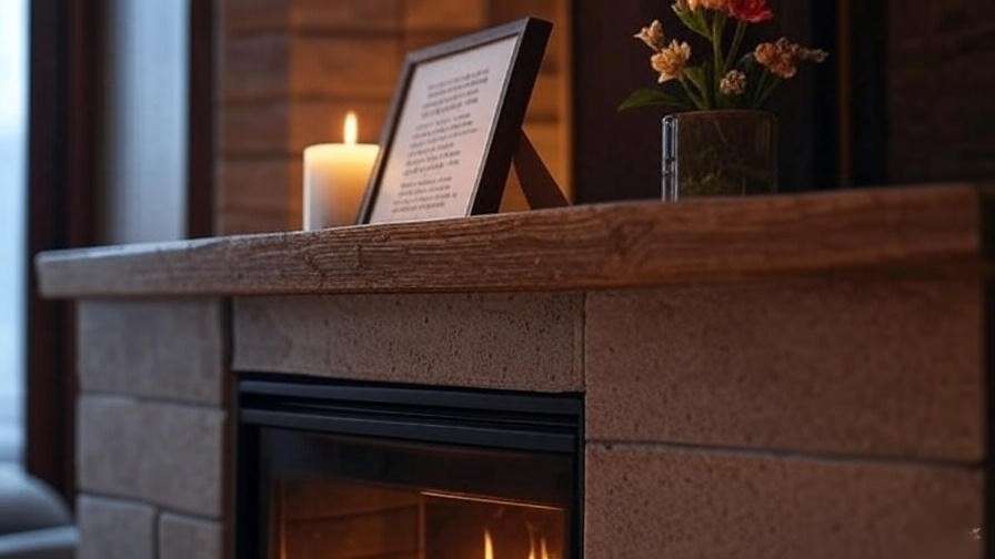 Framed memorial poem on a mantel with candle and flowers by a cozy fireplace
