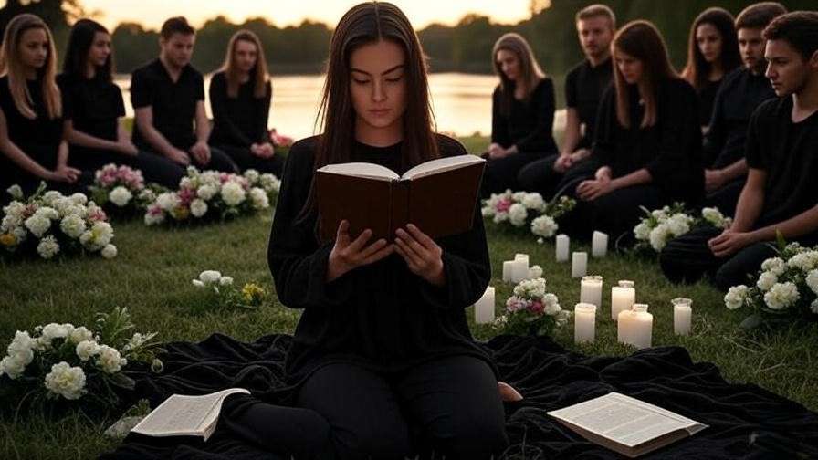 Serene funeral scene at sunset with person reading Let Me Go poem, mourners, flowers, and river.