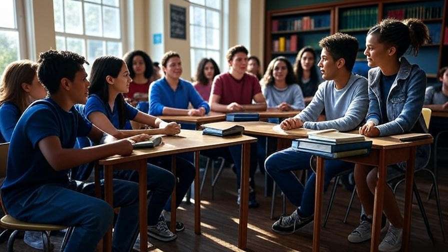 Students and teacher discussing Shakespeare books in a lively classroom setting.