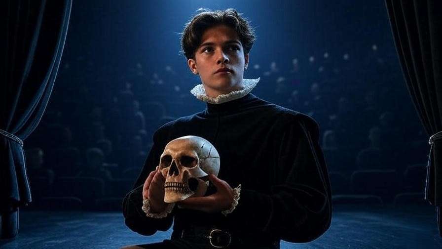 Theatrical scene of Hamlet holding a skull on a dimly lit stage.