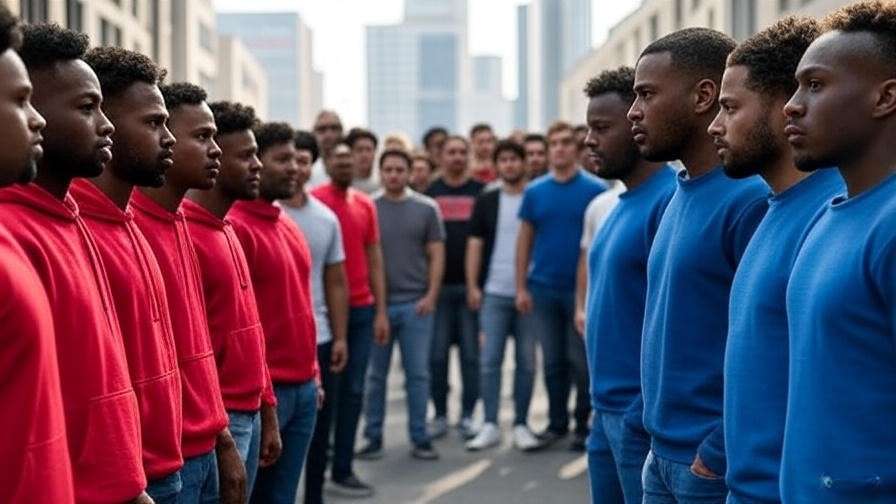 Modern urban feud scene symbolizing Montague-Capulet conflict.