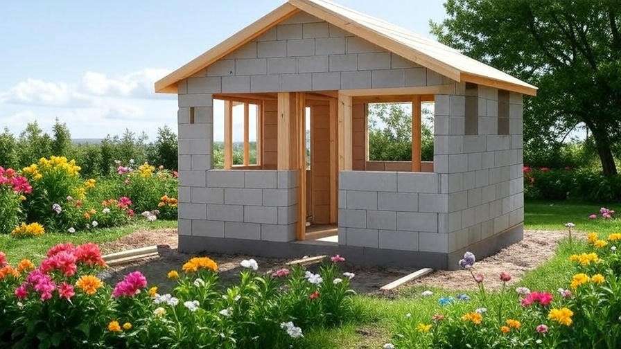 Two-story playhouse foundation construction with concrete blocks and wooden frame in a lush backyard