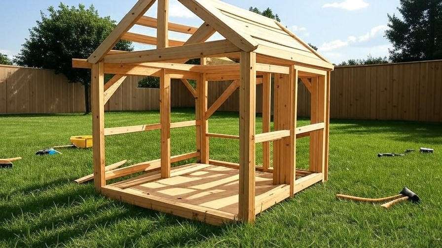 Close-up of playhouse frame with 2x4 lumber and cross-bracing in a sunny backyard