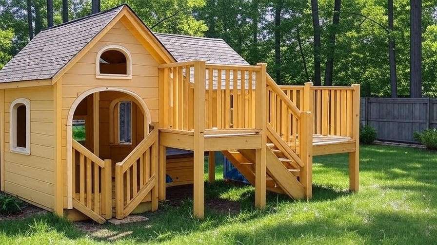 Finished two-story playhouse with shingle roof and staircase in a peaceful backyard
