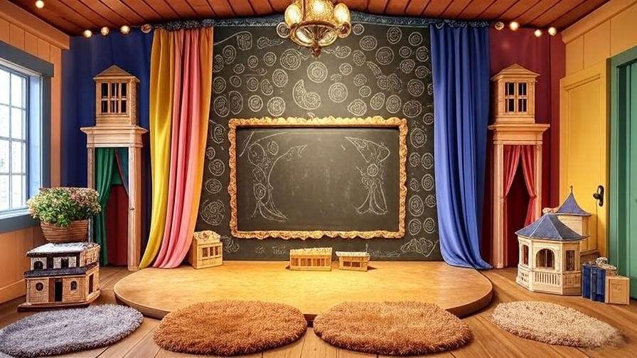 Child-friendly playhouse interior with stage and Shakespearean props