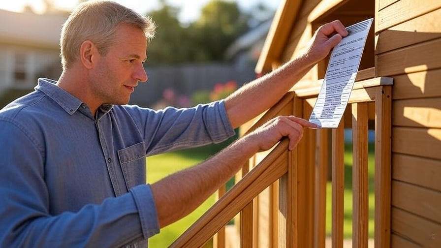 Parent inspecting playhouse railing and edges with checklist in a sunny backyard
