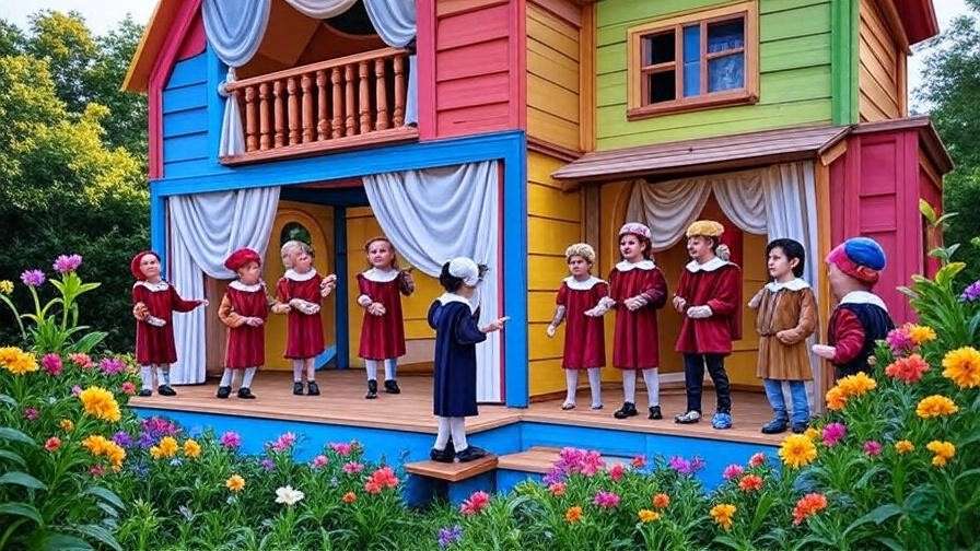 Customized playhouse with stage and Shakespearean decor in a colorful garden