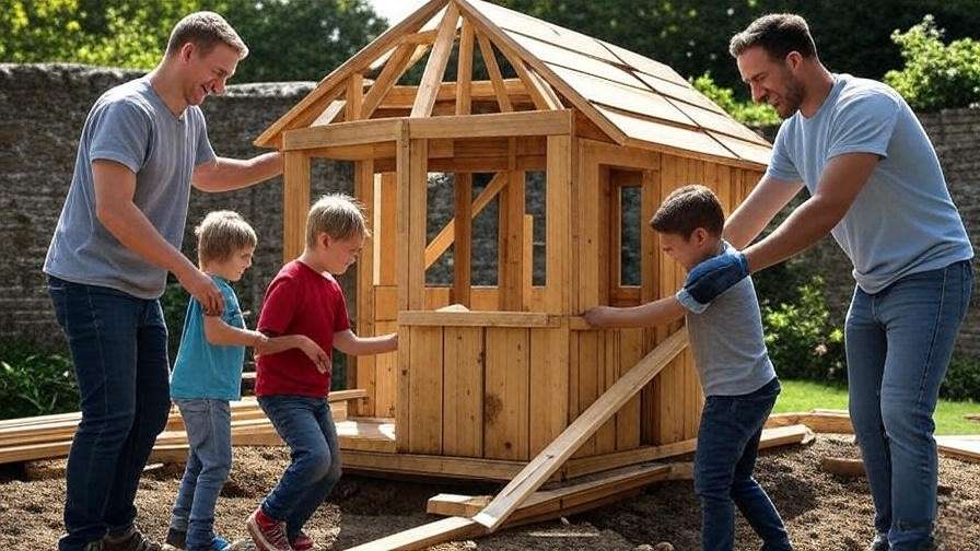 Family building Globe Theatre-inspired playhouse with reclaimed wood in a historic garden