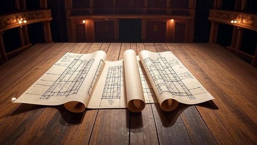 Illustration of a five-act structure diagram for Shakespearean plays on a wooden stage