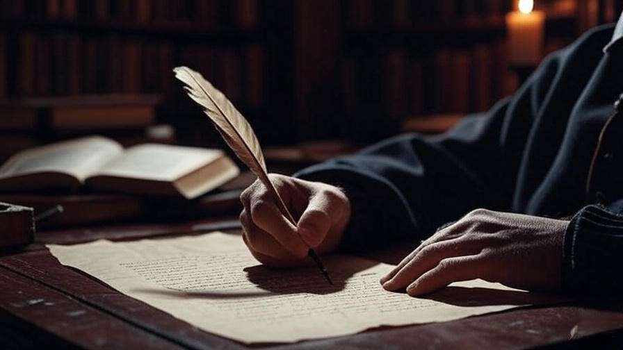 Close-up of hands writing Shakespearean script with quill and candlelight.