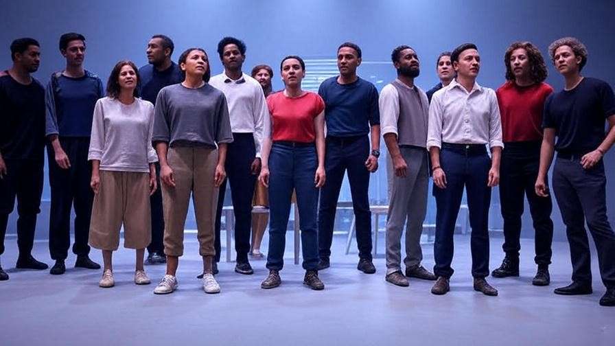 Actors rehearsing a modern Shakespearean adaptation on a minimalist stage.