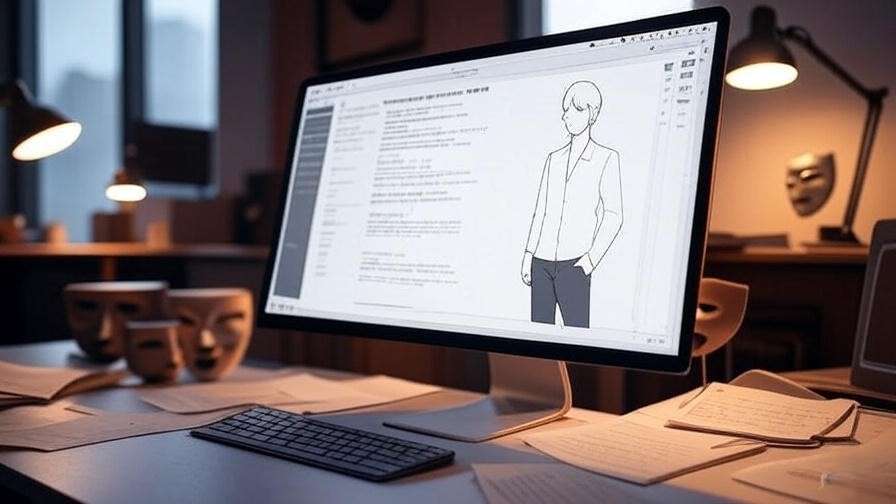 Digital workspace with scriptwriting software and theater props.