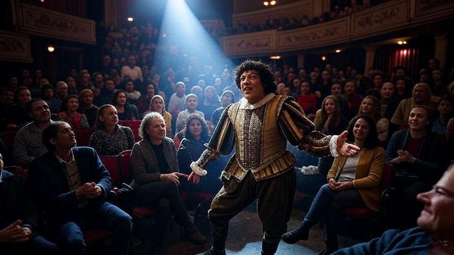 Theater audience watching a Shakespearean performance with spotlight.