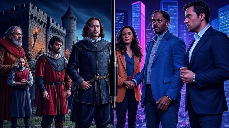 Split-scene of classic and modern Shakespearean settings linked by a quill.