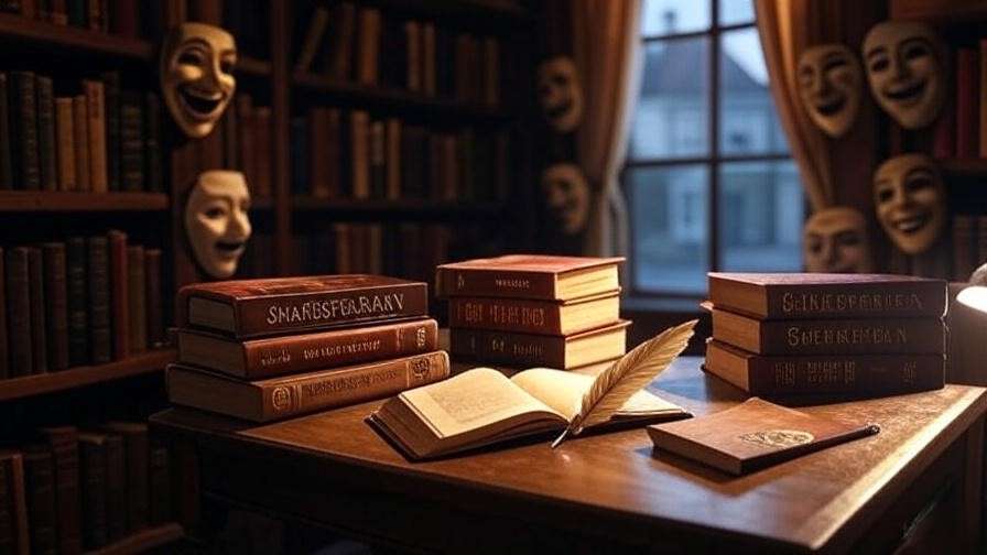Cozy reading nook with Shakespearean books and theater masks