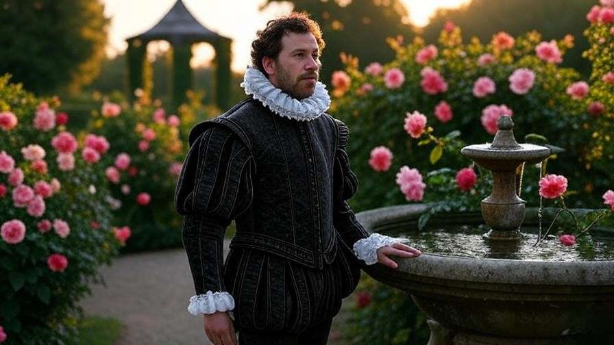 Shakespearean figure in a serene garden with roses, symbolizing poetry and grief tribute