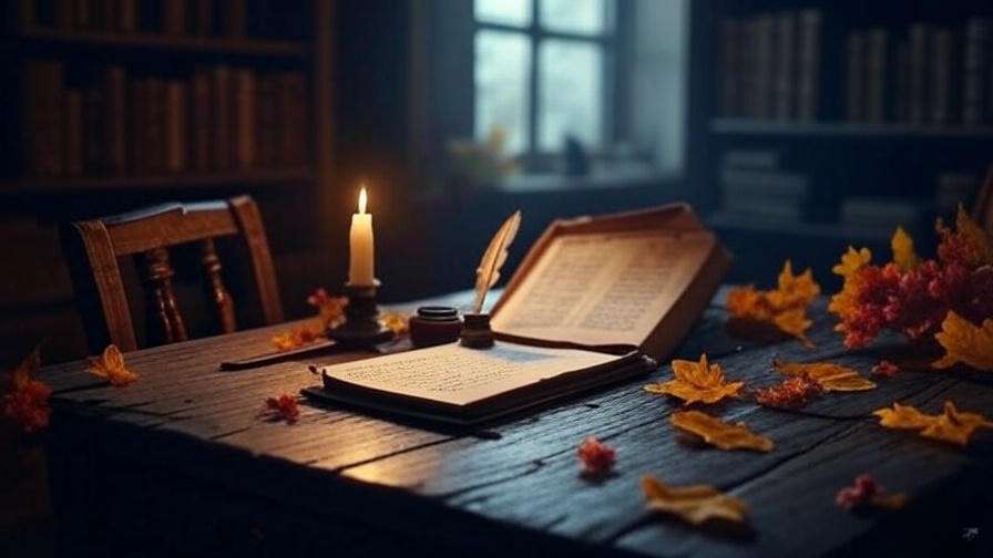 Shakespearean manuscript with quill and candle, surrounded by leaves and flowers for memorial poetry
