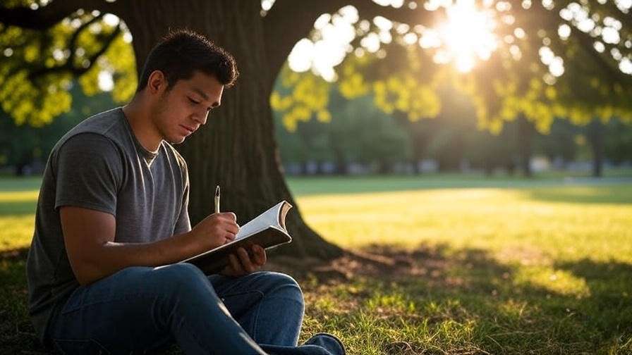 Person writing a tribute poem in a journal under a tree with sunlight filtering through