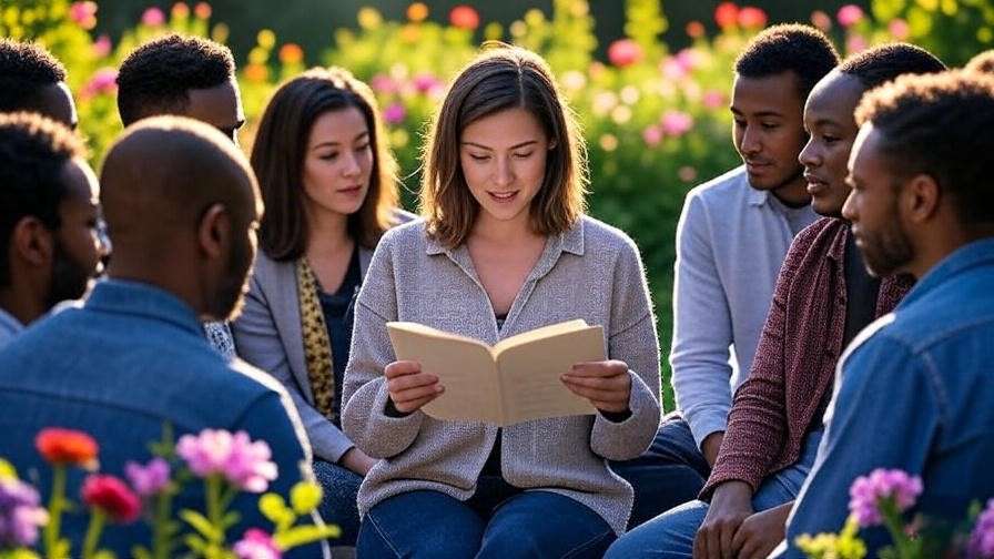 Group reflecting in a garden with a poem being read aloud for lasting tribute