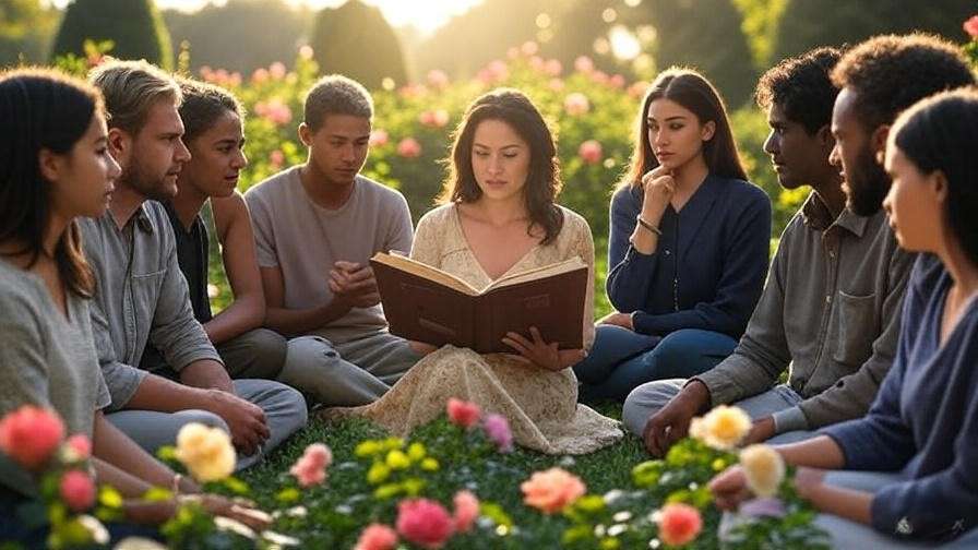 Diverse group reading poetry in an Elizabethan garden at golden hour, surrounded by roses and greenery