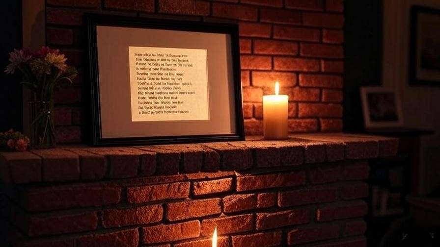 Cozy fireplace mantel with framed poem, lit candle, and small bouquet of flowers