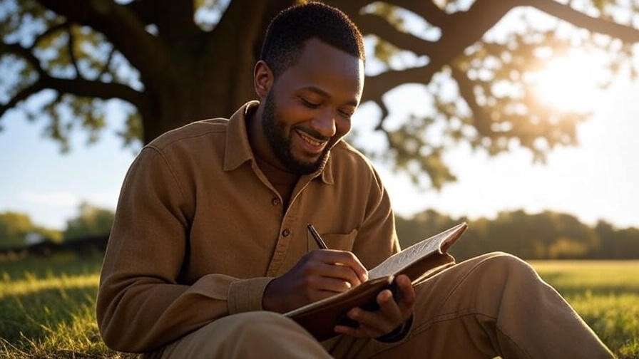 Person writing in a journal under a sprawling tree with sunlight streaming through branches