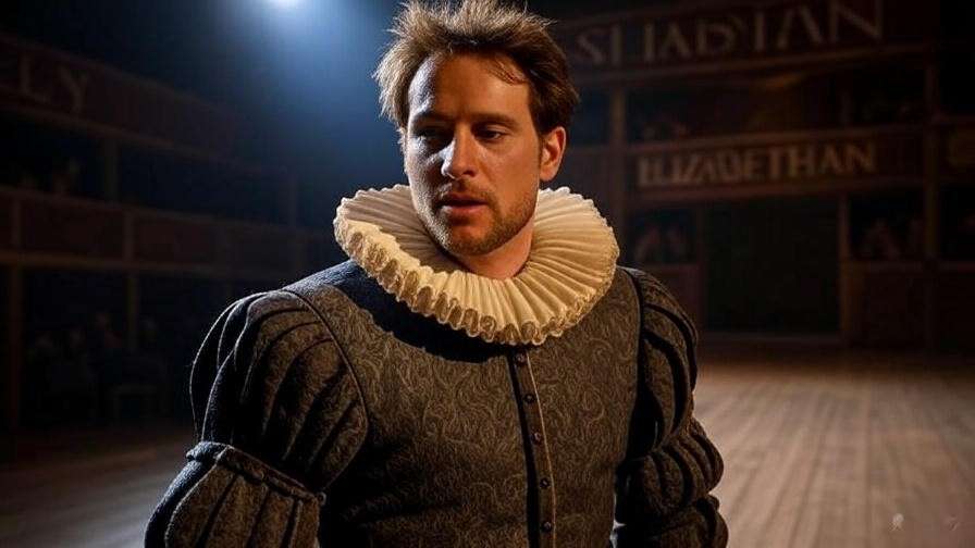 Actor in Shakespearean attire reciting poetry on a stage with Elizabethan theater backdrop