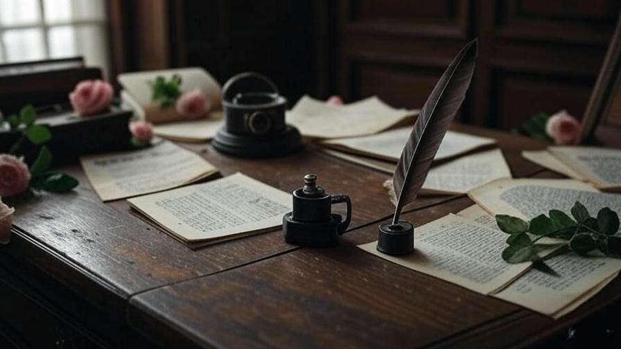 Vintage quill and inkpot with Shakespearean manuscripts and flowers on an old desk