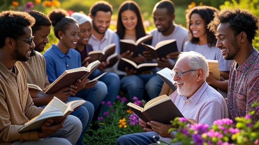 Diverse group sharing poems in a garden with open books under soft sunlight