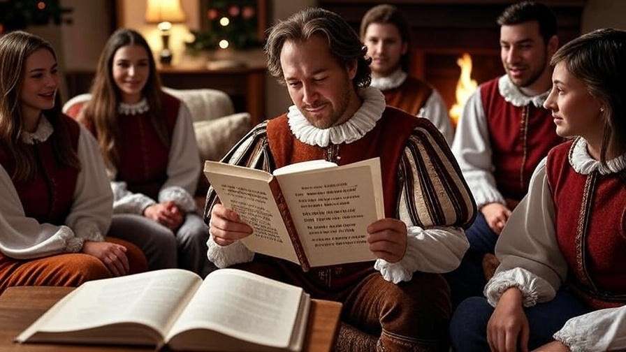 Person reading a heartfelt poem at a cozy gift exchange with fireplace and Shakespearean elements