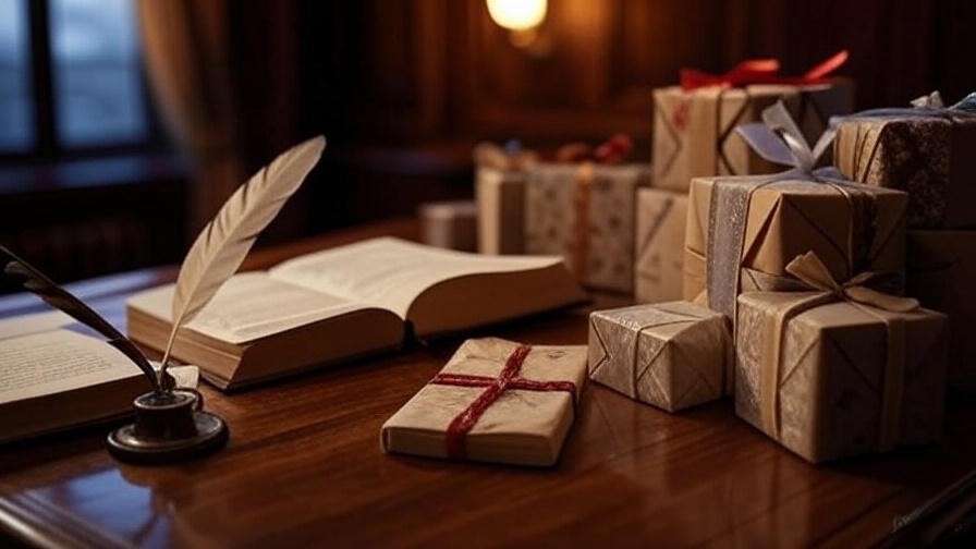 Writer’s desk with quill, parchment, and Shakespearean book for crafting gift exchange poems