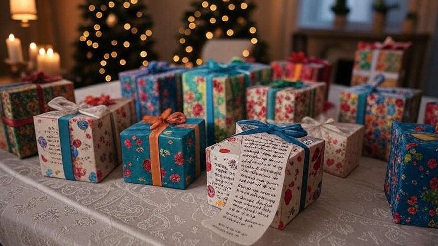 Festive table with gift boxes and handwritten poem scrolls for Shakespeare-inspired exchanges
