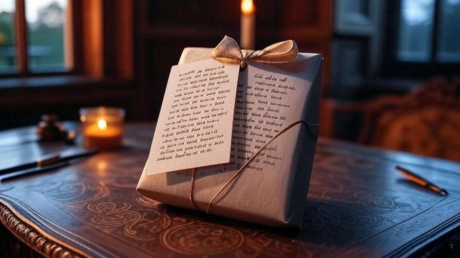 Wrapped gift with handwritten poem and calligraphy tools in a Shakespearean setting