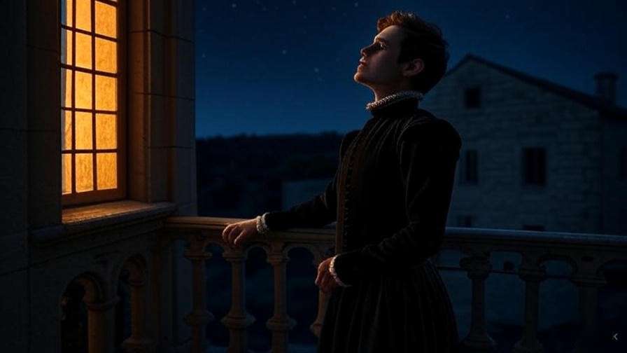 Moonlit balcony scene with Romeo gazing up at Juliet's window, symbolizing Act 2 Scene 2