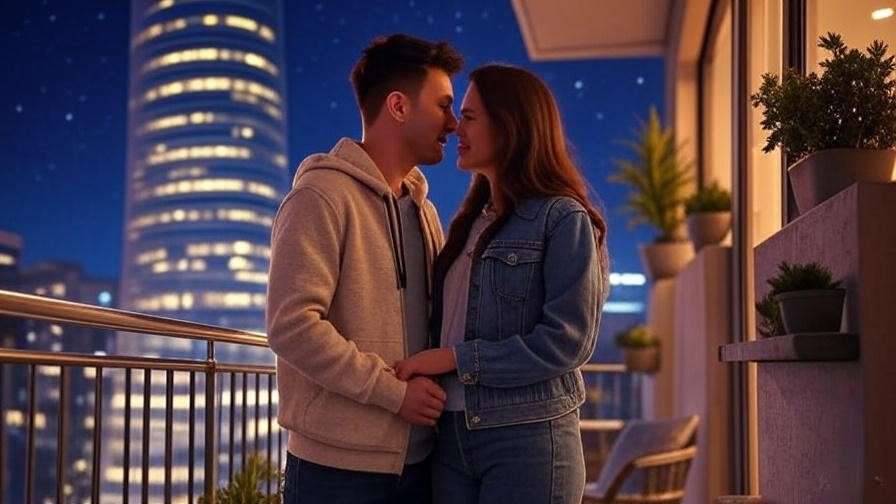 Modern balcony scene with a couple, reflecting Act 2 Scene 2 Romeo and Juliet adaptations.