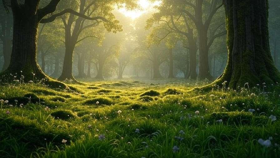 Mystical forest clearing at dawn with soft light, reflecting Shakespeare’s spiritual themes.